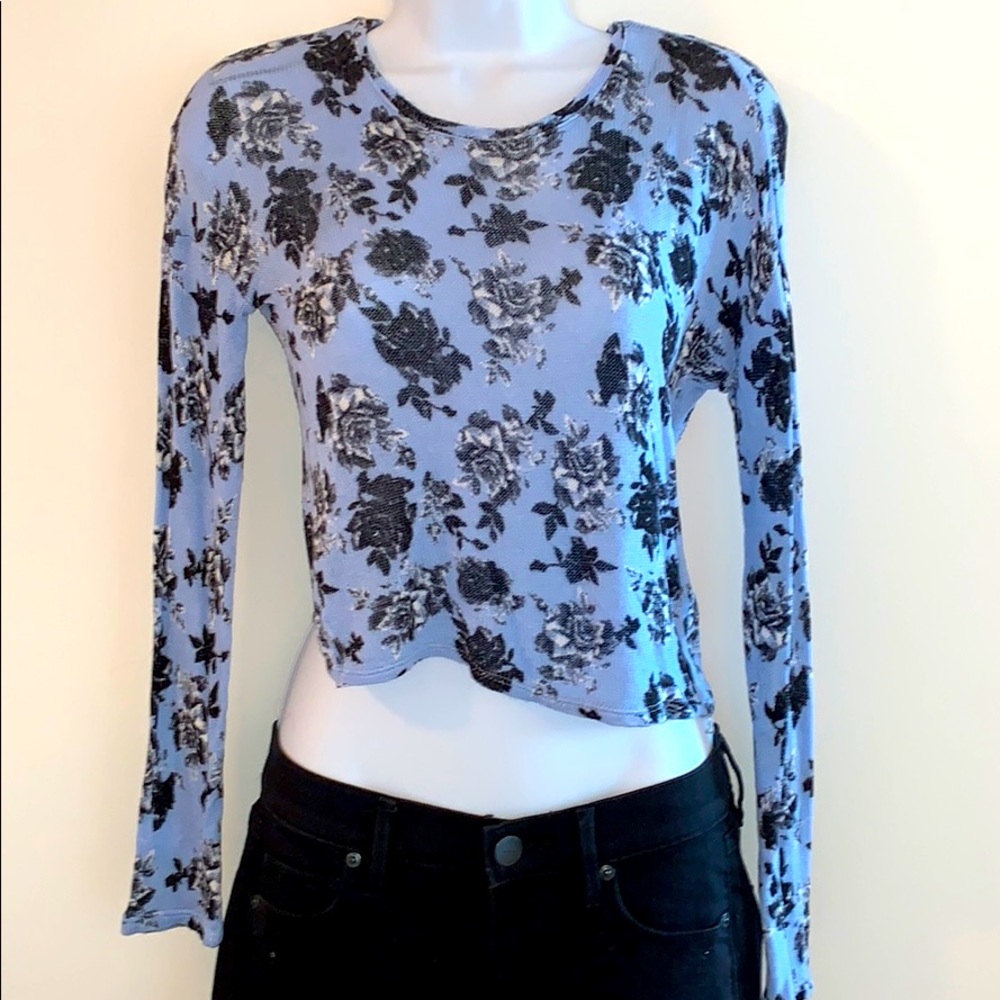 H&M Black and Blue Floral Long Sleeve Crop Top